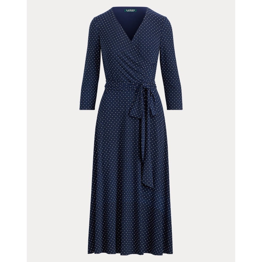 Ralph Lauren Jersey Surplice Faux Wrap Dress 4 Navy Polka Dot Midi Career Preppy